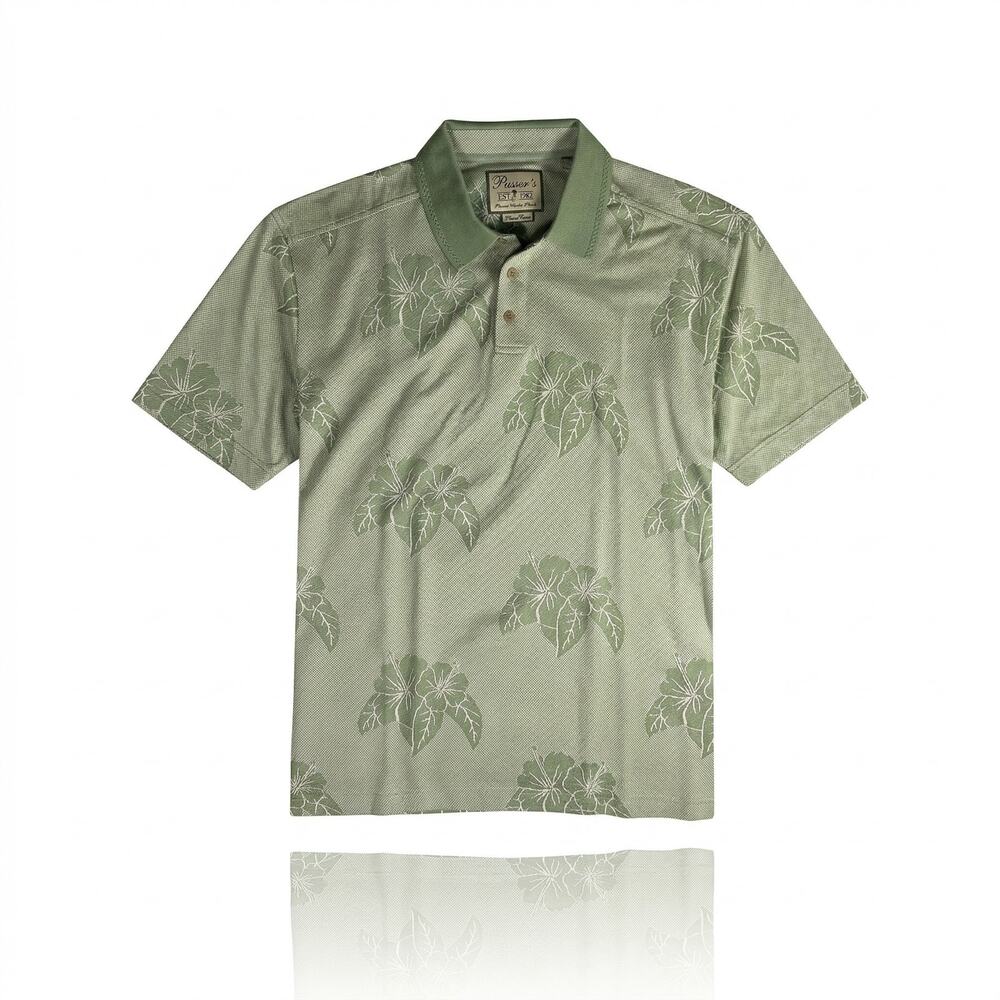 Pusser’s Tortola BVI Silk & Cotton Polo Shirt - Large -Green Hibiscus Leaf Print